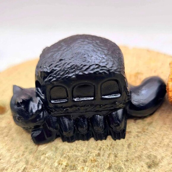 Nature Black Obsidian Hand Carved Cat Bus 3" Decor Figure - Picture 3 of 10